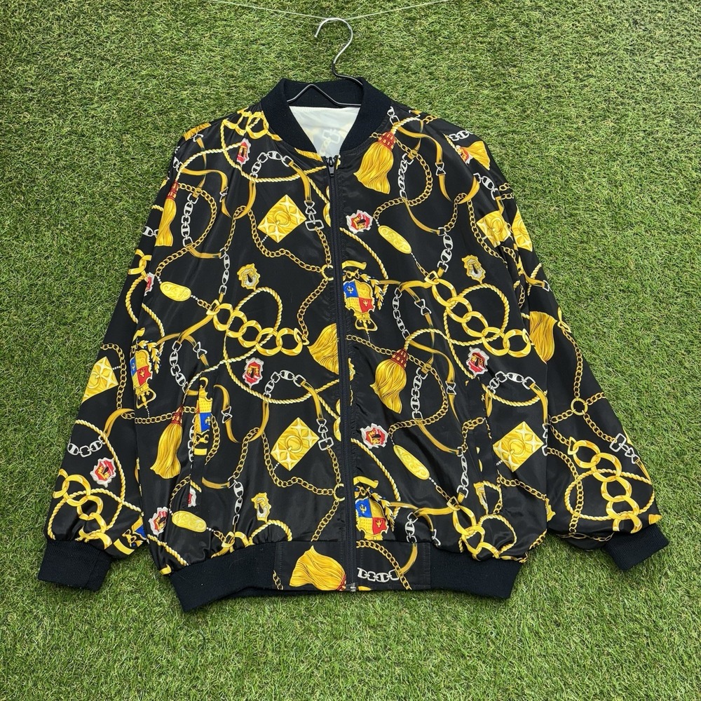 Vintage Satin Jacket Womens Large Baroque Chains Yellow Golden Unisex Desinger